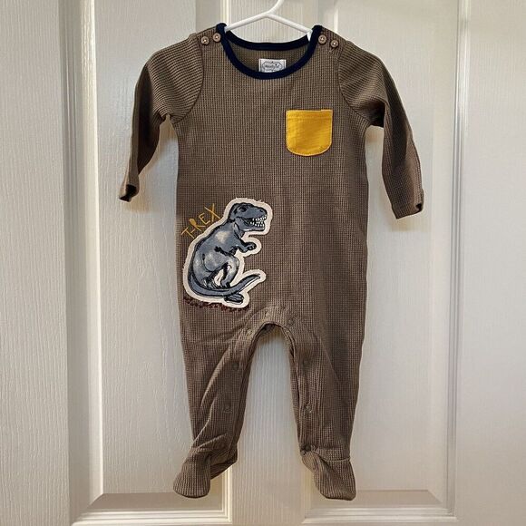Mud Pie Dino Dinosaur T-Rex Applique Waffle Knit Sleeper Footie Boys 3-6 Mos NWT - Picture 1 of 10